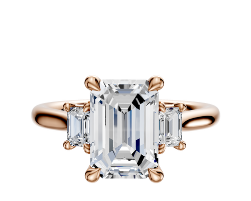 14K Rose Gold 3-Stone Emerald Cut Side Stones 0.125TCW Engagement Ring