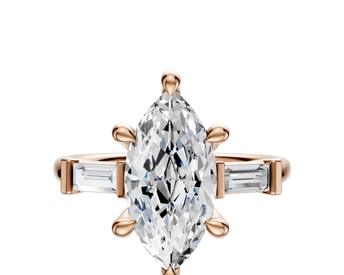 14K Rose Gold 3-Stone Baguette East/West Side Stones 0.125TCW Engagement Ring