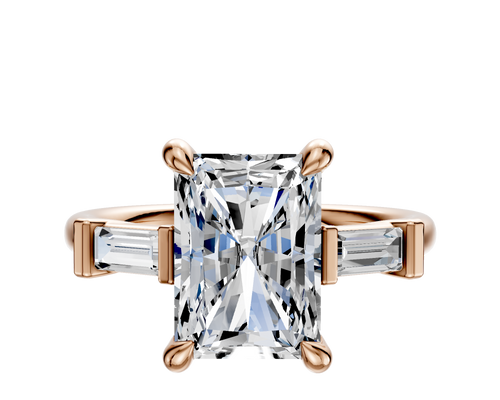 14K Rose Gold 3-Stone Baguette East/West Side Stones 0.125TCW Engagement Ring