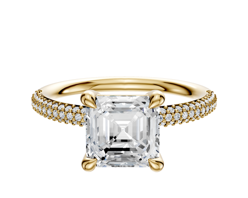 14K Yellow Gold 4 Prong Basket Classic Dome 3-Row-Pave 2.0mm Engagement Ring
