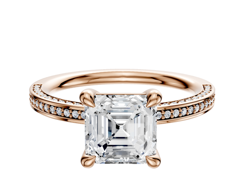 14K Rose Gold 4 Prong Basket Classic Flat 3-Row-Pave 2.0mm Engagement Ring