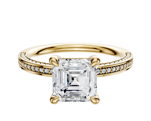 18K Yellow Gold 4 Prong Basket Classic Flat 3-Row-Pave 2.0mm Engagement Ring