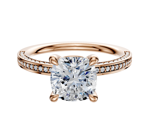 14K Rose Gold 4 Prong Basket Classic Flat 3-Row-Pave 2.0mm Engagement Ring