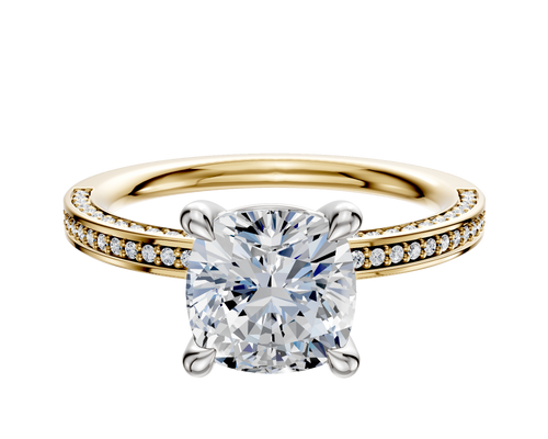 14K Two Tone 4 Prong Basket Classic Flat 3-Row-Pave 2.0mm Engagement Ring