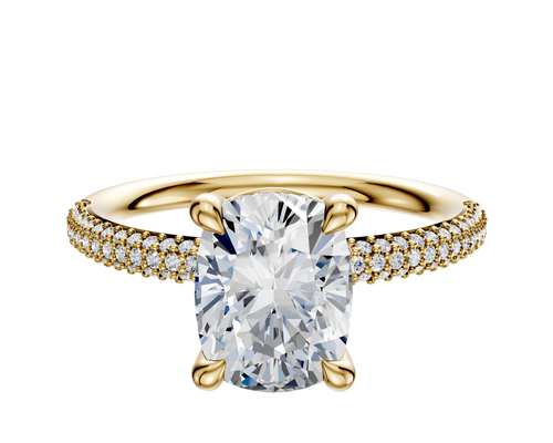 18K Yellow Gold 4 Prong Basket Classic Dome 3-Row-Pave 2.0mm Engagement Ring