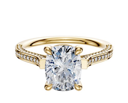 18K Yellow Gold 4 Prong Basket Cathedral Flat 3-Row-Pave 2.0mm Engagement Ring