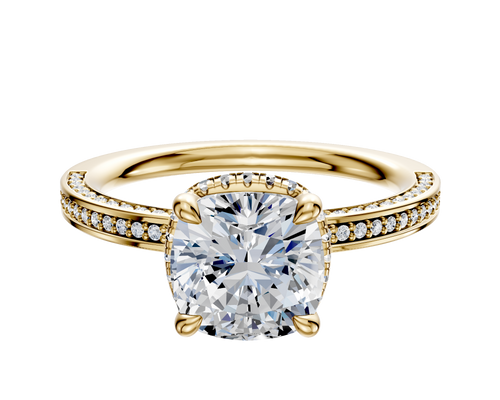 18K Yellow Gold 4 Prong Collar Classic Flat 3-Row-Pave 2.0mm Engagement Ring