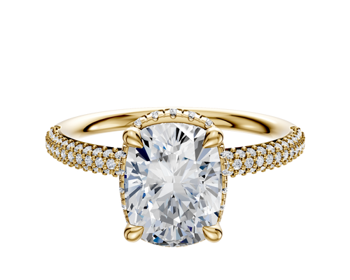 14K Yellow Gold 4 Prong Collar Classic Dome 3-Row-Pave 2.0mm Engagement Ring
