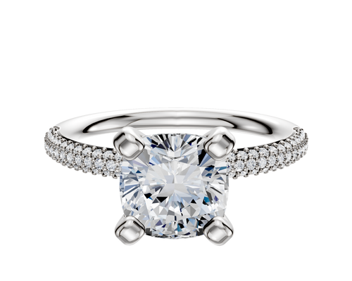 14K White Gold 4 Prong Classic Dome 3-Row-Pave 2.0mm Engagement Ring