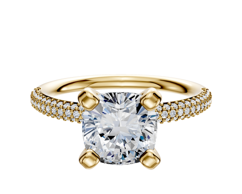 14K Yellow Gold 4 Prong Classic Dome 3-Row-Pave 2.0mm Engagement Ring