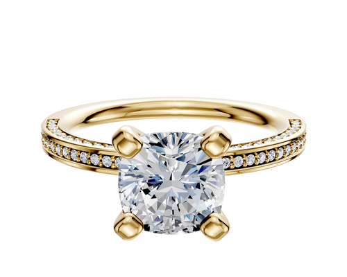 14K Yellow Gold 4 Prong Classic Flat 3-Row-Pave 2.0mm Engagement Ring