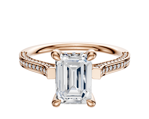 18K Rose Gold 4 Prong Hidden Halo Cathedral Flat 3-Row-Pave 2.0mm Engagement Ring