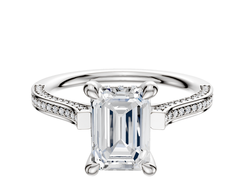 18K White Gold 4 Prong Hidden Halo Cathedral Flat 3-Row-Pave 2.0mm Engagement Ring