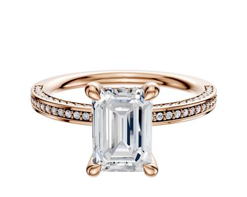 18K Rose Gold 4 Prong Hidden Halo Classic Flat 3-Row-Pave 2.0mm Engagement Ring