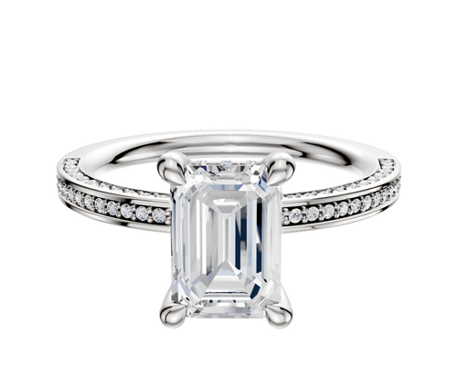 18K White Gold 4 Prong Hidden Halo Classic Flat 3-Row-Pave 2.0mm Engagement Ring