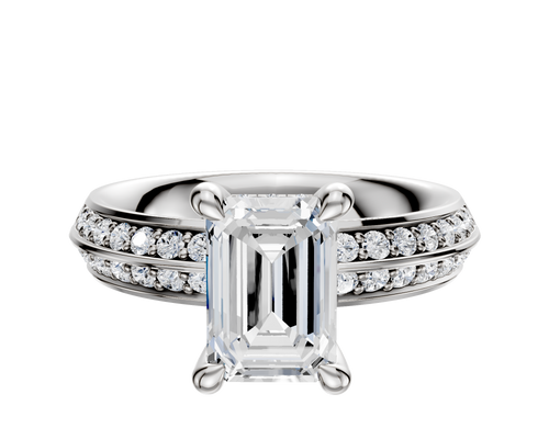 14K White Gold 4 Prong Hidden Halo Classic Knife Edge 1-Row-Pave 2.5mm Engagement Ring