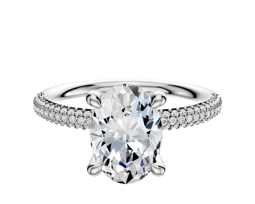 14K White Gold 4 Prong Hidden Halo Classic Dome 3-Row-Pave 2.0mm Engagement Ring