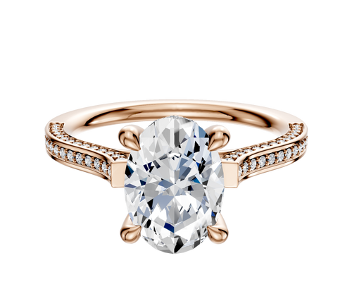 14K Rose Gold 4 Prong Hidden Halo Cathedral Flat 3-Row-Pave 2.0mm Engagement Ring