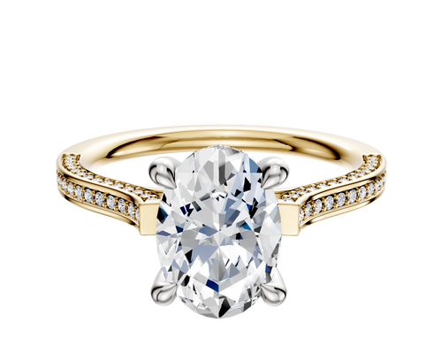 18K Two Tone 4 Prong Hidden Halo Cathedral Flat 3-Row-Pave 2.0mm Engagement Ring