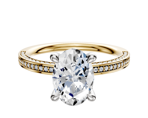14K Two Tone 4 Prong Hidden Halo Classic Flat 3-Row-Pave 2.0mm Engagement Ring