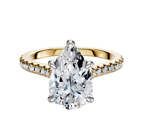 18K Two Tone 4 Prong Hidden Halo Cathedral Dome 1-Row-Pave 2.5mm Engagement Ring
