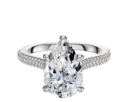 14K White Gold 4 Prong Hidden Halo Cathedral Dome 3-Row-Pave 2.0mm Engagement Ring