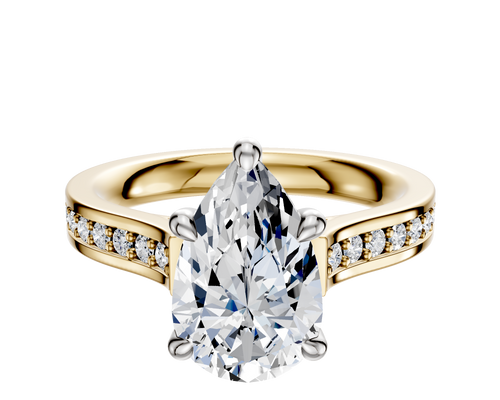 18K Two Tone 4 Prong Hidden Halo Cathedral Flat 1-Row-Pave 2.5mm Engagement Ring