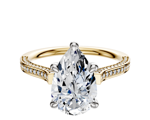 18K Two Tone 4 Prong Hidden Halo Cathedral Flat 3-Row-Pave 2.0mm Engagement Ring