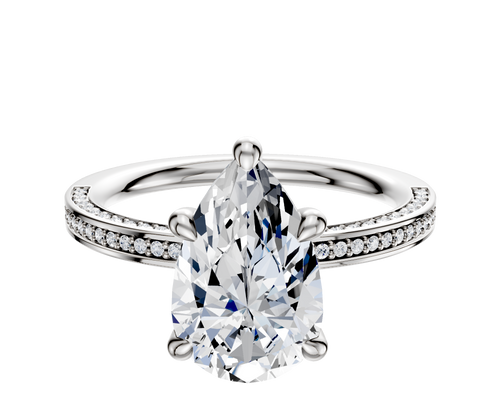 14K White Gold 4 Prong Hidden Halo Classic Flat 3-Row-Pave 2.0mm Engagement Ring