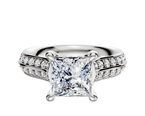 14K White Gold 4 Prong Hidden Halo Cathedral Knife Edge 1-Row-Pave 2.5mm Engagement Ring