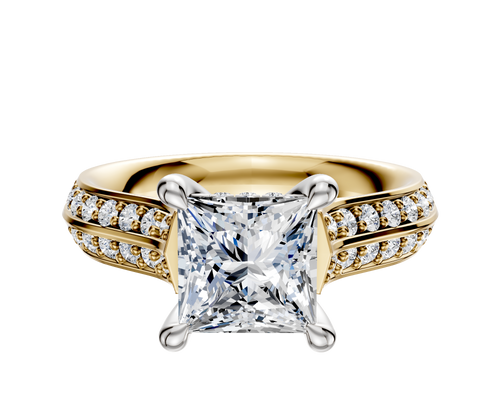 14K Two Tone 4 Prong Hidden Halo Cathedral Knife Edge 1-Row-Pave 2.5mm Engagement Ring