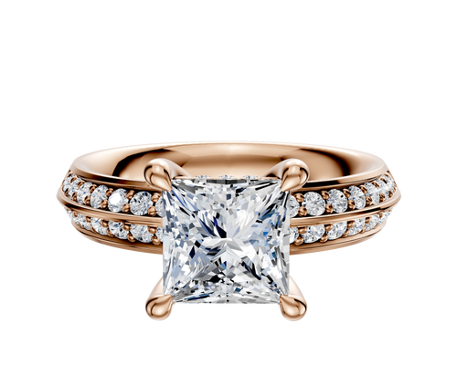 14K Rose Gold 4 Prong Hidden Halo Classic Knife Edge 1-Row-Pave 2.5mm Engagement Ring