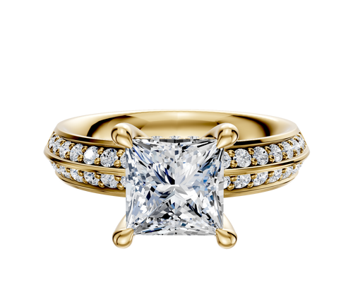 14K Yellow Gold 4 Prong Hidden Halo Classic Knife Edge 1-Row-Pave 2.5mm Engagement Ring