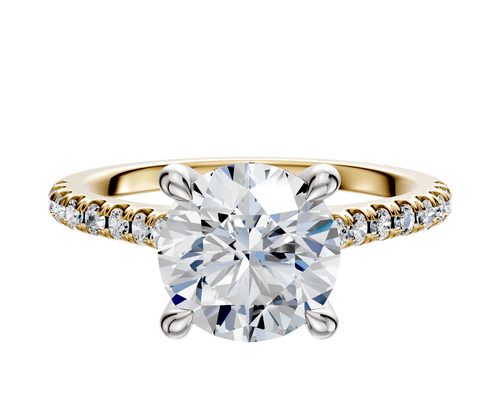 14K Two Tone 4 Prong Hidden Halo Cathedral Dome 1-Row-Pave 2.5mm Engagement Ring