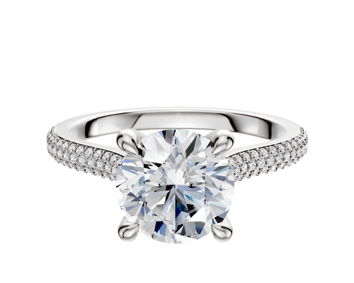 18K White Gold 4 Prong Hidden Halo Cathedral Dome 3-Row-Pave 2.0mm Engagement Ring