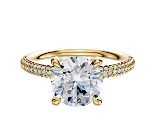 14K Yellow Gold 4 Prong Hidden Halo Classic Dome 3-Row-Pave 2.0mm Engagement Ring