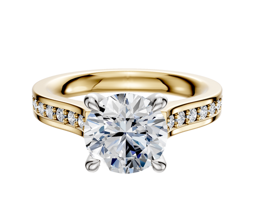 18K Two Tone 4 Prong Hidden Halo Cathedral Flat 1-Row-Pave 2.5mm Engagement Ring