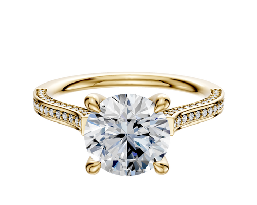 18K Yellow Gold 4 Prong Hidden Halo Cathedral Flat 3-Row-Pave 2.0mm Engagement Ring