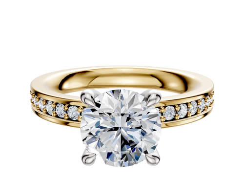 18K Two Tone 4 Prong Hidden Halo Classic Flat 1-Row-Pave 2.5mm Engagement Ring