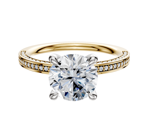 18K Two Tone 4 Prong Hidden Halo Classic Flat 3-Row-Pave 2.0mm Engagement Ring