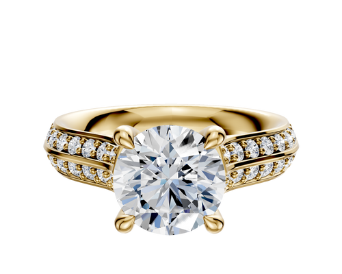 18K Yellow Gold 4 Prong Hidden Halo Cathedral Knife Edge 1-Row-Pave 2.5mm Engagement Ring