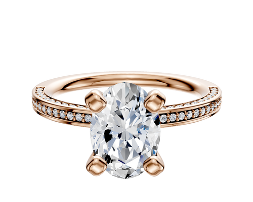 14K Rose Gold 4 Prong Classic Flat 3-Row-Pave 2.0mm Engagement Ring