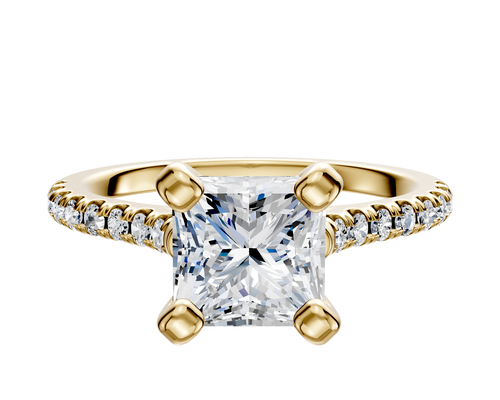 14K Yellow Gold 4 Prong Cathedral Dome 1-Row-Pave 2.5mm Engagement Ring