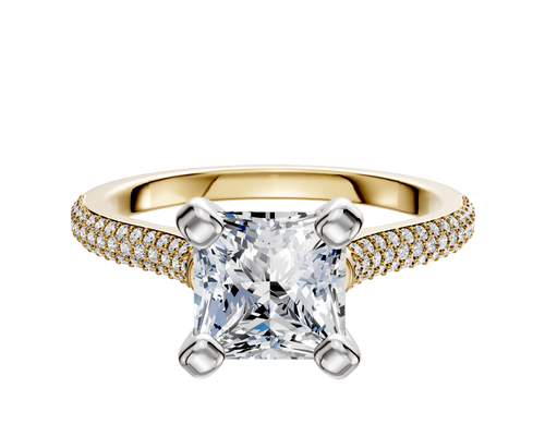 14K Two Tone 4 Prong Cathedral Dome 3-Row-Pave 2.0mm Engagement Ring