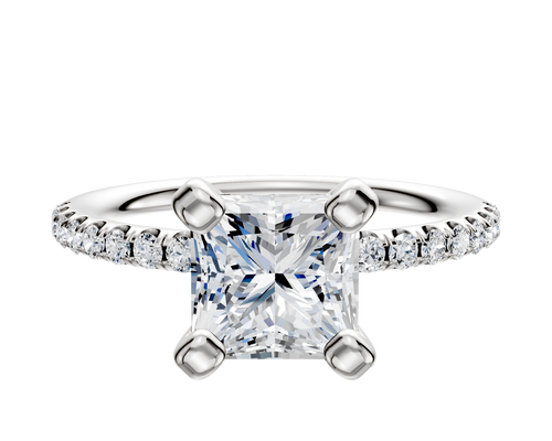 14K White Gold 4 Prong Classic Dome 1-Row-Pave 2.5mm Engagement Ring