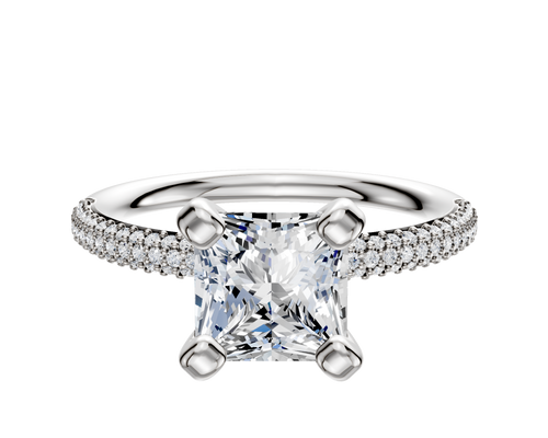 14K White Gold 4 Prong Classic Dome 3-Row-Pave 2.0mm Engagement Ring