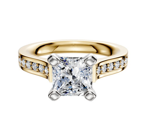 14K Two Tone 4 Prong Cathedral Flat 1-Row-Pave 2.5mm Engagement Ring