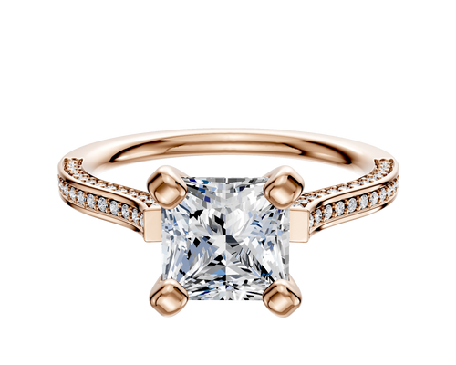 14K Rose Gold 4 Prong Cathedral Flat 3-Row-Pave 2.0mm Engagement Ring