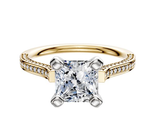14K Two Tone 4 Prong Cathedral Flat 3-Row-Pave 2.0mm Engagement Ring