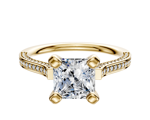 14K Yellow Gold 4 Prong Cathedral Flat 3-Row-Pave 2.0mm Engagement Ring